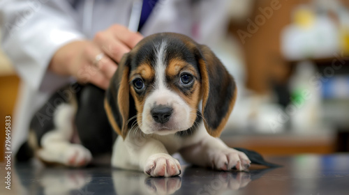 Female veterinarian examining Beagle puppy