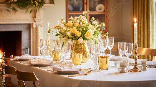 Holiday celebration table decor, festive tablescape in dining room, candles and flowers decoration for formal family dinner in the English country house, countryside interior design © Anneleven