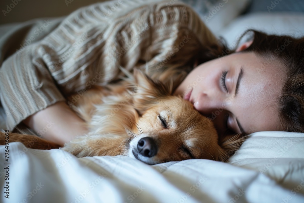 A cozy image capturing a person and a dog enjoying a nap together displaying tranquility and companionship A cozy image capturing a person and a dog enjoying a nap together displaying tranquility and companionship