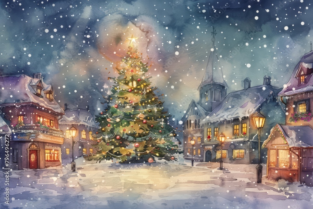 Snow gently falls over a quaint village square, where a towering Christmas tree twinkles with lights and colorful ornaments, kawaii, bright water color Snow gently falls over a quaint village square, where a towering Christmas tree twinkles with lights and colorful ornaments, kawaii, bright water color