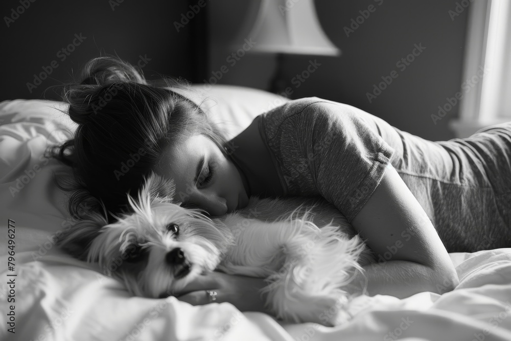 A tender monochromatic shot of a woman lying beside her little fluffy dog on a bed A tender monochromatic shot of a woman lying beside her little fluffy dog on a bed