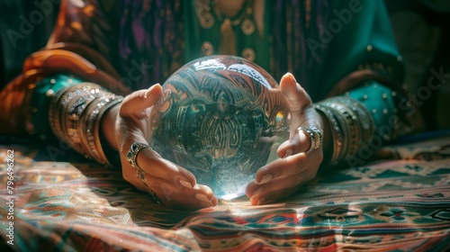 Hands of an female fortune teller around a crystal ball  Magic crystal ball in a hands on vintage ethnic backgrounds.