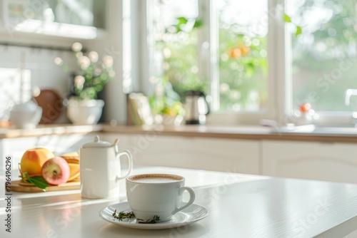 Bright modern kitchen with morning coffee, summer breakfast scene on white table