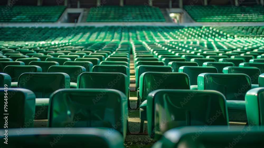 Fototapeta premium Seats of green tribune on sport stadium. empty outdoor arena. concept of fans. chairs for audience. cultural environment concept. color and symmetry. empty seats.
