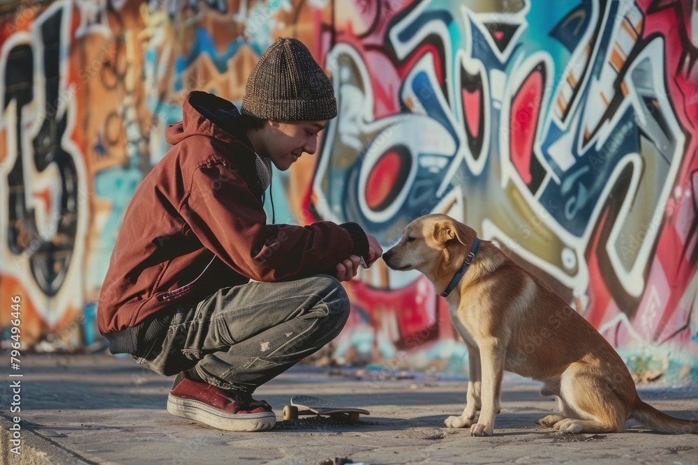 An anonymous person shares a moment with a loyal canine against a vibrant graffiti backdrop, exuding urban life