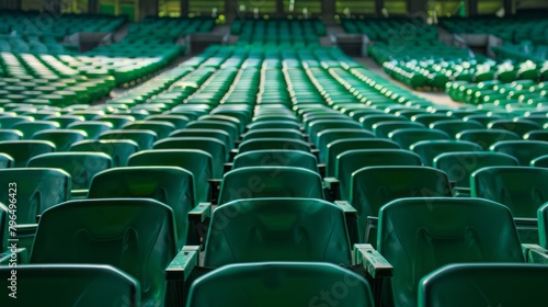 Seats of green tribune on sport stadium. empty outdoor arena. concept of fans. chairs for audience. cultural environment concept. color and symmetry. empty seats.