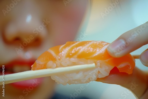 A sumptuous piece of salmon nigiri is gingerly held between the fingertips, ready to be savored by a sushi connoisseur photo