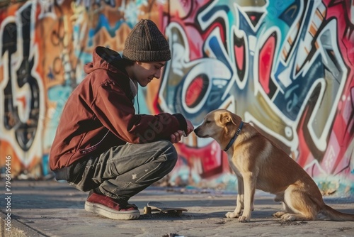 An anonymous person shares a moment with a loyal canine against a vibrant graffiti backdrop, exuding urban life