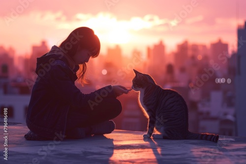 The serene sunset paints a vivid backdrop as a woman reaches out to a cat on a rooftop, showcasing the tenderness between human and animal