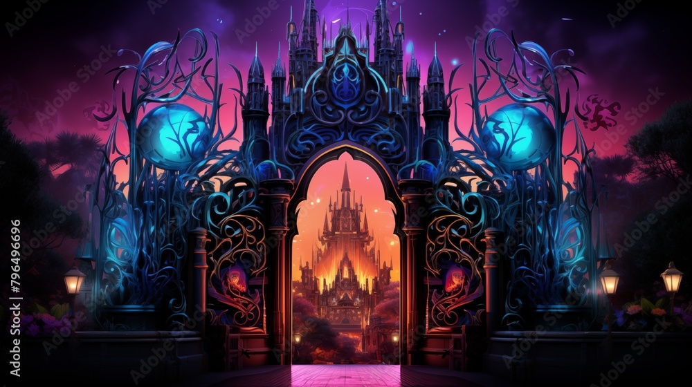 Enchanting Fantasy Castle Behind Majestic Floral Gates at Twilight Enchanting Fantasy Castle Behind Majestic Floral Gates at Twilight