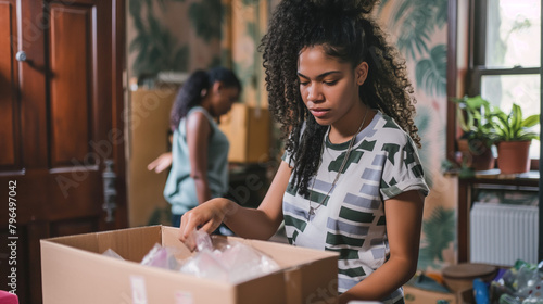 Young woman and her friend packing their belongings while preparing to move out of apartment photo