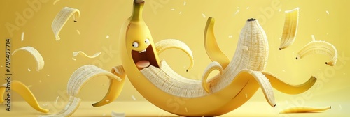 A bashful banana peels back its skin to reveal a bright, blushing face, slipping comically on its own peel in a slapstick dance, cartoon concept photo