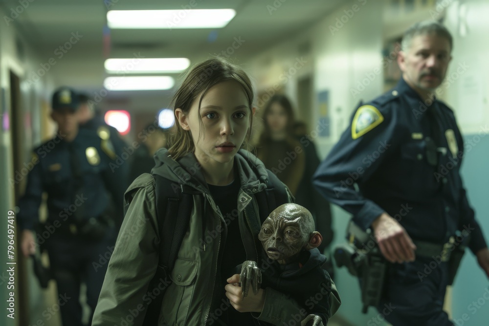 Fototapeta premium A young girl holding a mystical creature's hand walks in a police station, with officers in the background