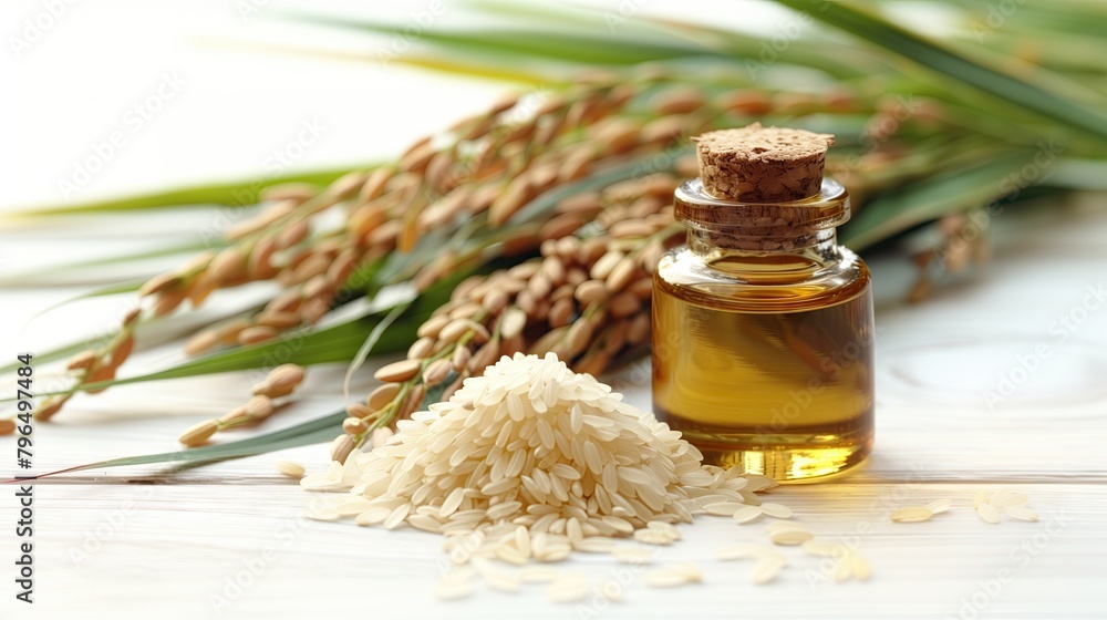 Rice bran oil in a bottle and contains rice leaves. Isolated on white background. Rice bran oil in a bottle and contains rice leaves. Isolated on white background.