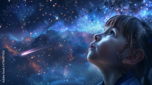 A child gazes upward, her eyes wide with wonder as a meteorite streaks across the horizon, a onceinalifetime spectacle, background concept