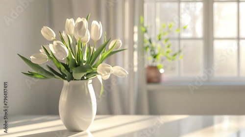 Vase with tulips on table in light kitchen #796497491