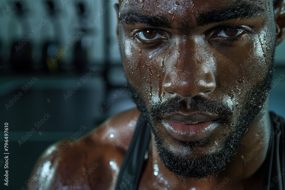 A snapshot capturing intense workout ethic, sweat detail on a man's skin in a gym