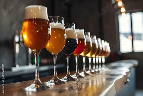 Variety of Beer Glasses Filled with Different Types of Beer. Concept Beer Tasting, Brewery Tour, Craft Beer Selection, Beer Flight Experience