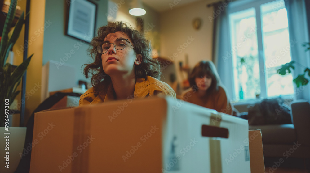 Young woman and her friend packing their belongings while preparing to move out of apartment