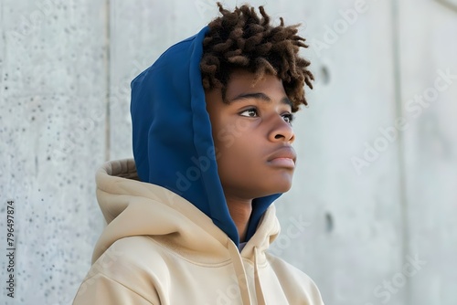 Stylish African American Teen Boy in Beige Streetwear Sweater with Blue Hoodie. Concept Fashion, Photography, Street Style, Teenagers, African American