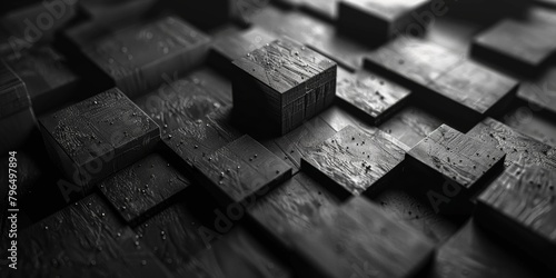 A black and white photo of wood blocks with a grainy texture