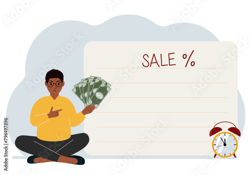 The men sits cross-legged and holds a lot of cash. Nearby is a poster with the text sale and a percent sign. Sale, discount or black friday concept. Vector flat illustration