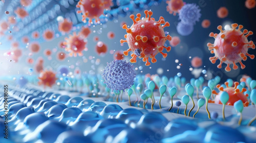 A highly magnified picture of a nanosized drug delivery system showing its surface modifications for targeted drug delivery. These modifications enable the particles to selectively