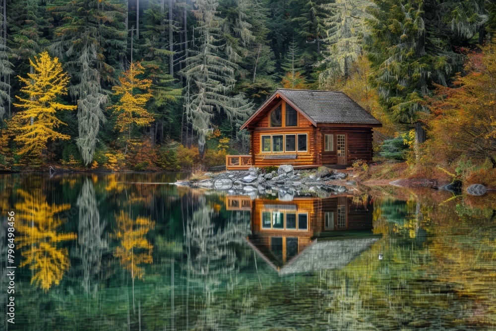 Fototapeta premium Autumn Refuge: Cozy Cabin by the Mirror Lake