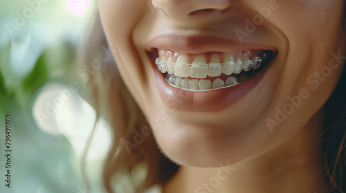 Close up of woman using invisible silicone dental aligner.