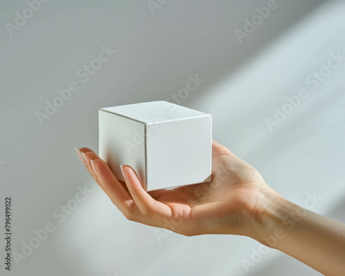 A hand grips a clean white cardboard box, depicting packaging and delivery, AI generative.