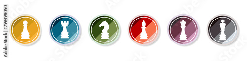 Logo chess pieces icon set. White chess sign. Set of stylish round board game icons. Color logo chess vector. Vector illustration.