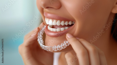 Close up of woman using invisible silicone dental aligner. photo