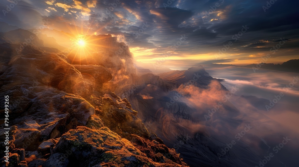 Naklejka premium sunset in the mountains A cascading waterfall catching the first light of day as it plunges down a rocky cliff in the midst of mountain peaks. 