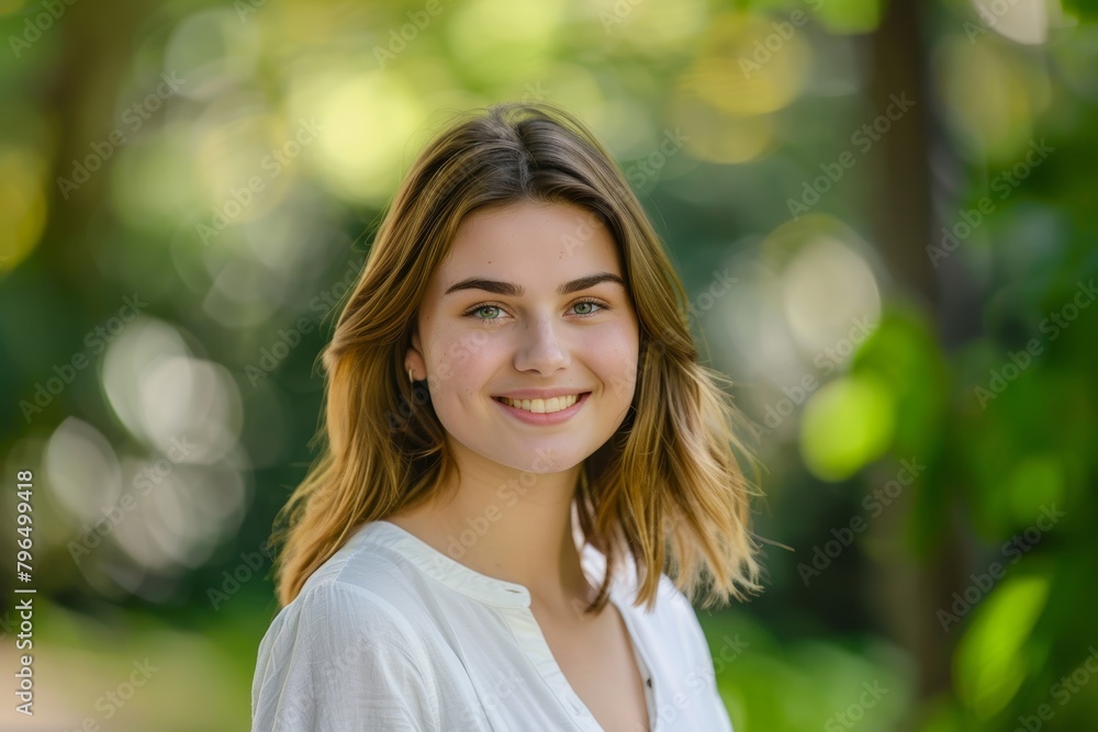 Portrait of a confident, smiling woman in nature on a green background for travel or independence. Face, joyful, carefree young woman at a park for fresh air or fun. Portrait of a confident, smiling woman in nature on a green background for travel or independence. Face, joyful, carefree young woman at a park for fresh air or fun.
