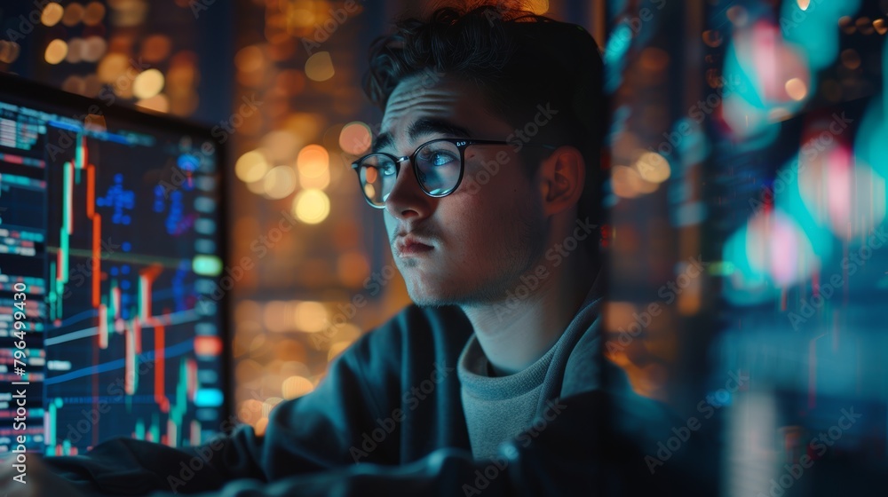 Holographic and digital software developer focused on cyber security, future, and trade. Male investor and employee with stock market research, night, and investing. Holographic and digital software developer focused on cyber security, future, and trade. Male investor and employee with stock market research, night, and investing.