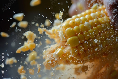 Close-up of vibrant yellow corn cob with kernels being dynamically blasted away, highlighting freshness and natural energy