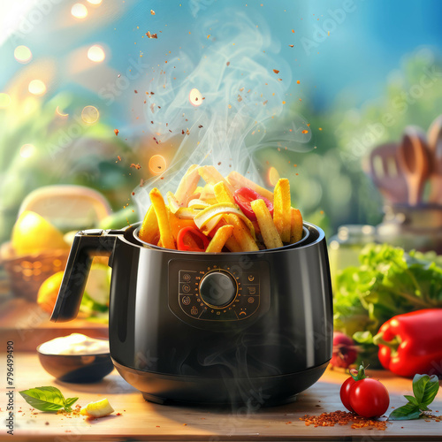 Generative AI artwork showing an airfryer, fries, and plant in a stylish kitchen interior, AI generative. photo