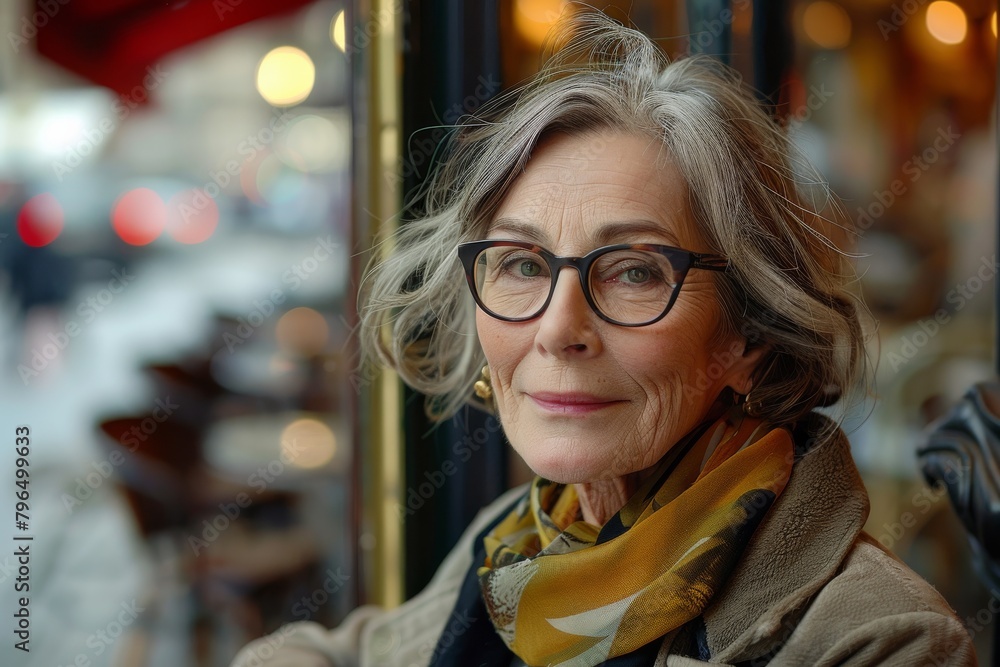 A stylish senior woman with glasses and a scarf, posing indoors with a reflective expression