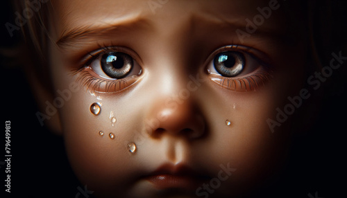 A kid's eyes filled with tears. The image captures the innocent and emotional expression of the child with clear tears welling. Close-up of a girl's face. Tears. Emotion concept. photo