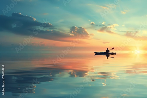 Calming scene of a single person kayaking on a mirror-like water surface at sunset © ChaoticMind