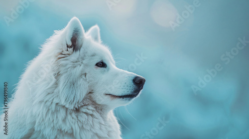 White Samoyed dog on blue background closeup