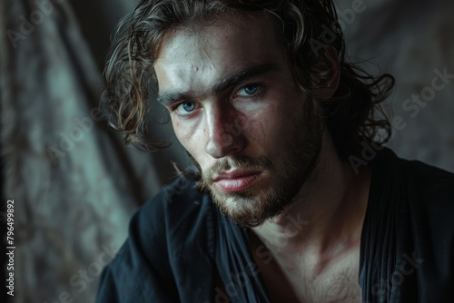 A close-up of a man with intense blue eyes, disheveled wavy hair, and a moody ambiance
