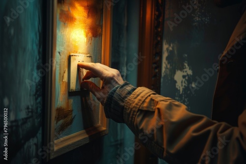 Detailed close-up of a human hand turning on a frost-covered light switch, capturing the action of seeking warmth © ChaoticMind