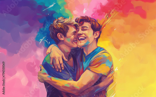Homosexual couple. Love  courage  gay pride  hug  rainbow  freedom  peace  colorful.