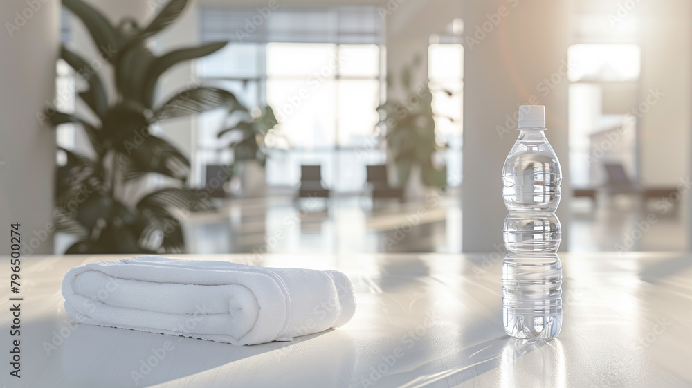 Close-up of a bottle of water and towel on the table in the fitness room Close-up of a bottle of water and towel on the table in the fitness room