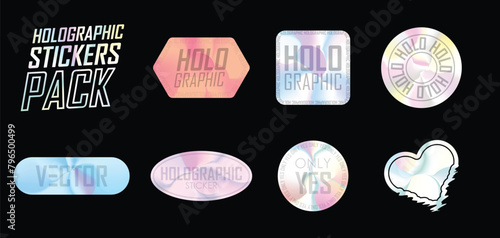 Holographic stickers. Hologram labels of different shapes. Sticker shapes for design mockups. Holographic textured stickers for preview tags, labels. Vector illustration