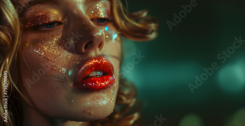 Blonde model with red lipstick. Glamor portrait of blonde girl, sweat, gold, golden drops, glitter, makeup, eroticism, kiss, red lights. Emphasis on the voluptuous mouth, closeup.