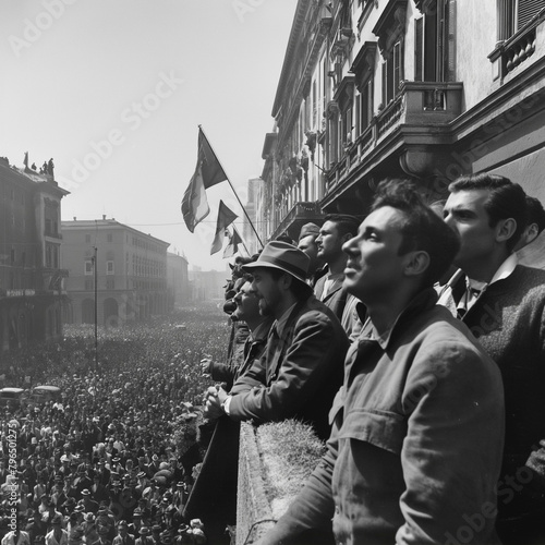 Protests in the streets in the past. Protesters, post-war, red flags, historical photos, anti-fascism, liberation, April 25, Italy. Partisans, celebration, class struggle, communism, proletariat. photo