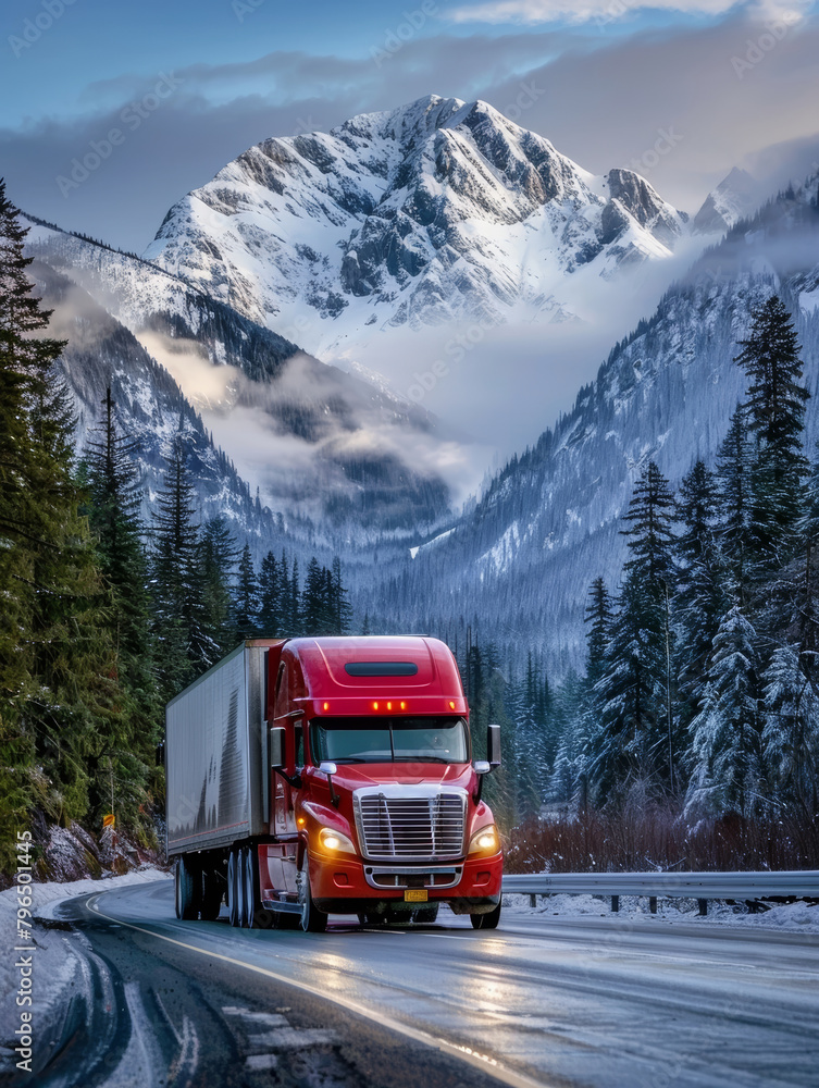 A red semi truck navigates a snowy mountain pass, with towering pines and a majestic peak veiled by mist.