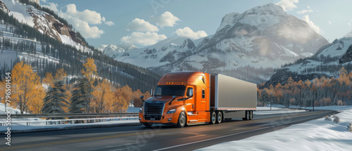 An orange semi truck drives along a snow-lined mountain road with golden aspen trees against snowy peaks. photo